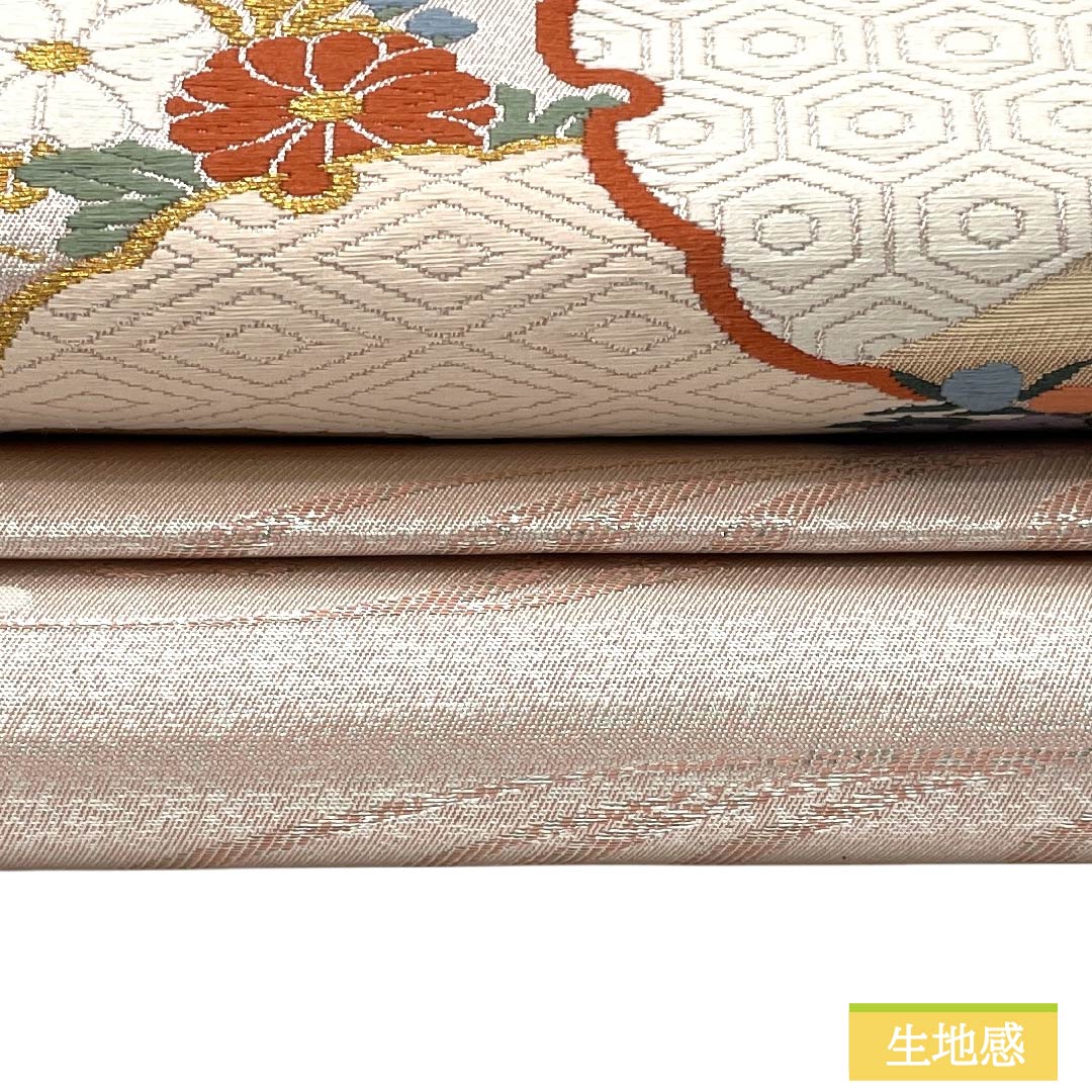 名古屋帯 正絹 Aランク 名古屋仕立て 薄桜色（うすさくらいろ） 古典柄 雪輪 花 帯丈356cm ポイント柄 セミフォーマル ピンク系 1124012523313