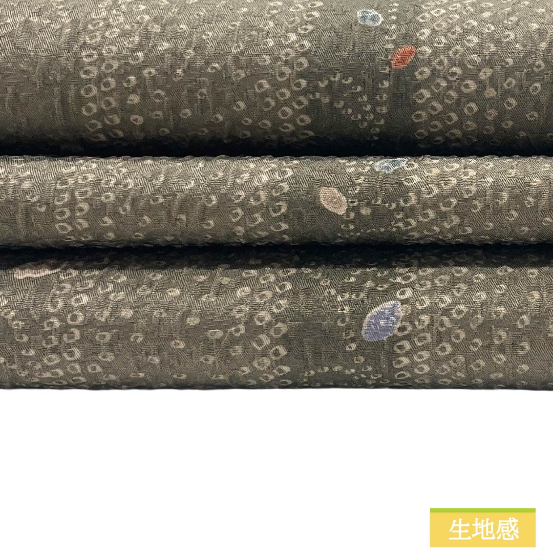 名古屋帯 ポリエステル Sランク 開き仕立て 砂色（すないろ） 葉っぱ 縞 帯丈374cm 全通 カジュアル グレー系 1124013672322