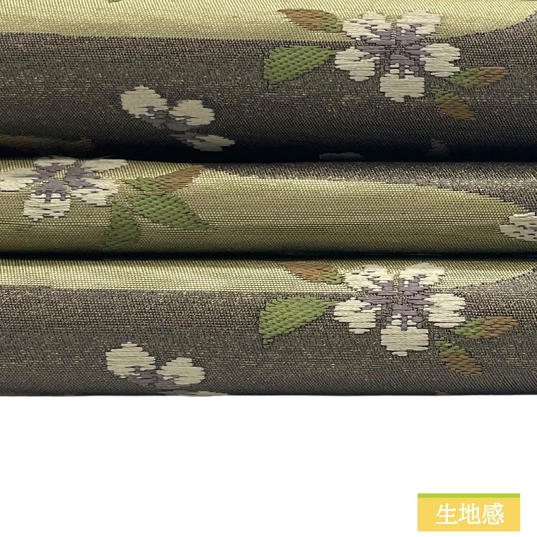 名古屋帯 ポリエステル Sランク 開き仕立て 煤色（すすいろ） 霞 桜 帯丈368cm 六通 カジュアル 茶系 1124013712314