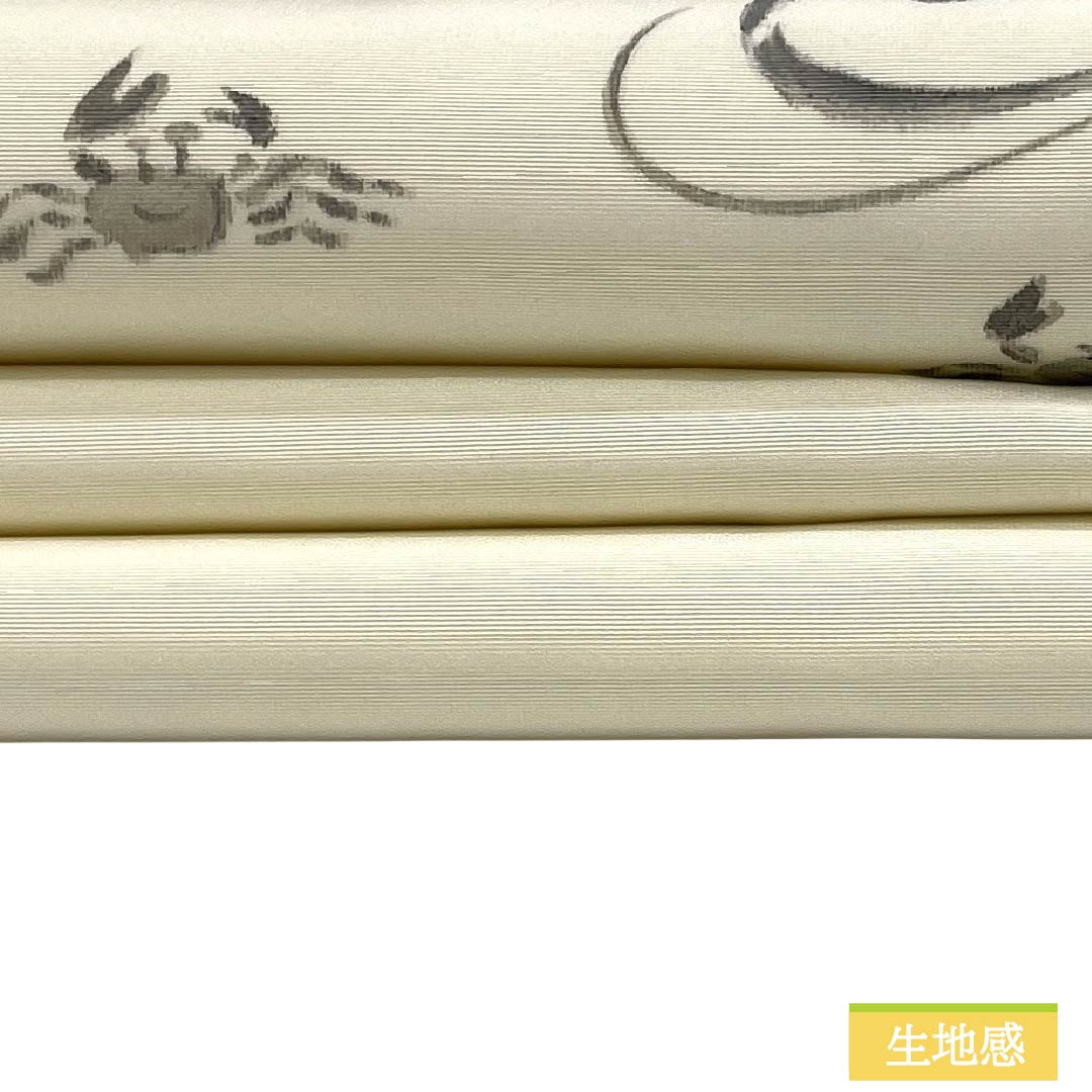 名古屋帯 正絹 Aランク 名古屋仕立て 乳白色（にゅうはくしょく） 塩瀬 流水 カニ 帯丈381cm ポイント柄 カジュアル 白系 1124012613411