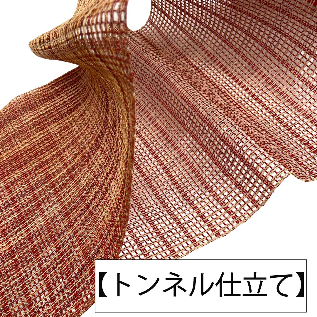 名古屋帯 正絹 Sランク 松葉仕立て 赤紅色（あかべにいろ） 夏帯 縞 トンネル仕立て 帯丈376cm 全通 カジュアル 赤系 1124012862312