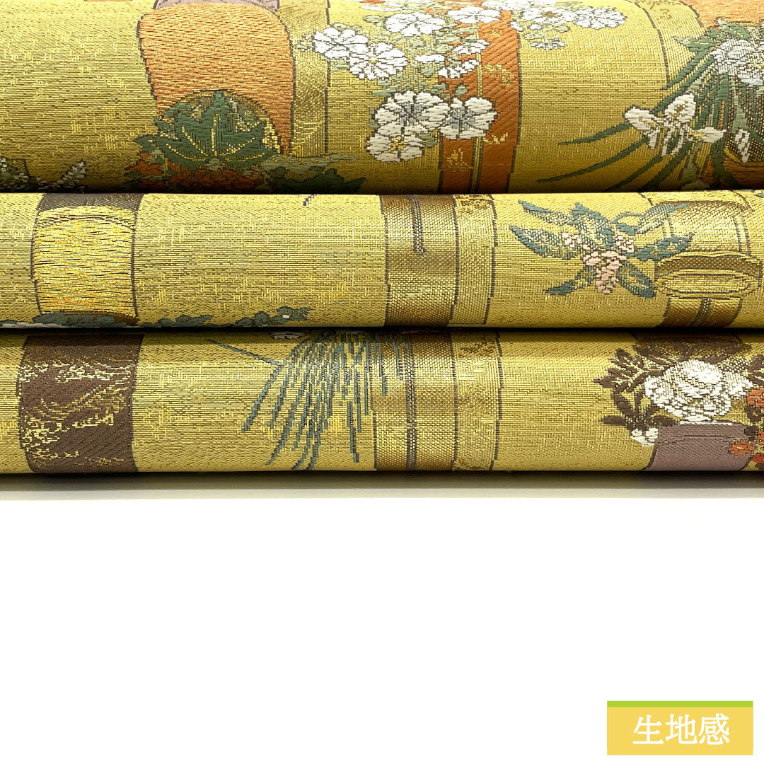 袋帯 正絹 Sランク 二図全通 リバーシブル 花百趣 正倉院文様  帯丈464cm 全通 フォーマル 金系 1123016422421