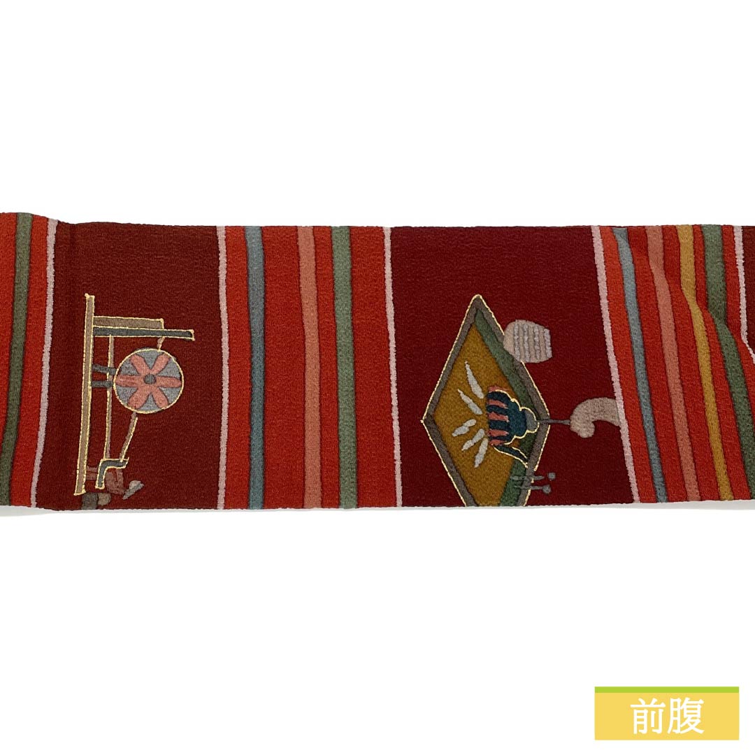 名古屋帯 正絹 Aランク 牛血紅色（ぎゅうけつこういろ） 型染 ふるさと 糸巻 帯丈362cm 全通 カジュアル 赤系 1124011563312 名古屋仕立て