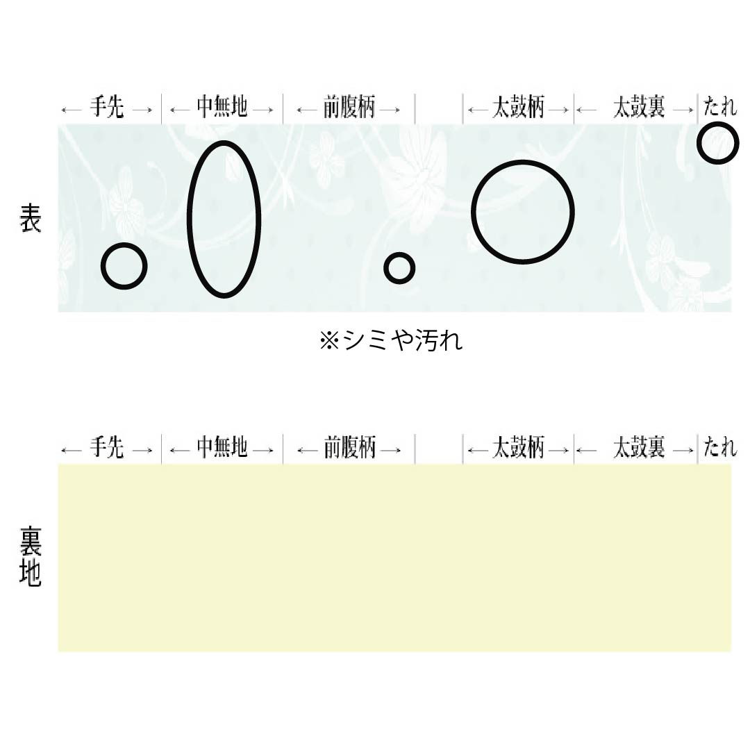 名古屋帯 正絹 Bランク 支子色（くちなしいろ） 染め帯 ちりめん地 抽象花模様 帯丈352cm ポイント柄 カジュアル 黄系 1124011514323 名古屋仕立て