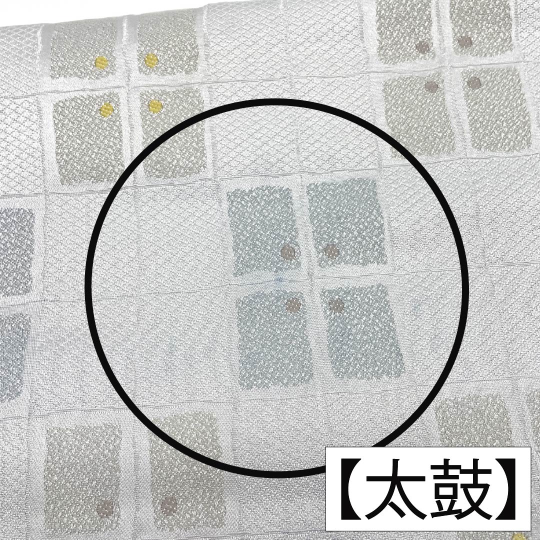 名古屋帯 ポリエステル Aランク 開き仕立て 鉛白色（えんぱくいろ） 市松 抽象柄 帯丈386cm 全通 カジュアル グレー系 1124013813422