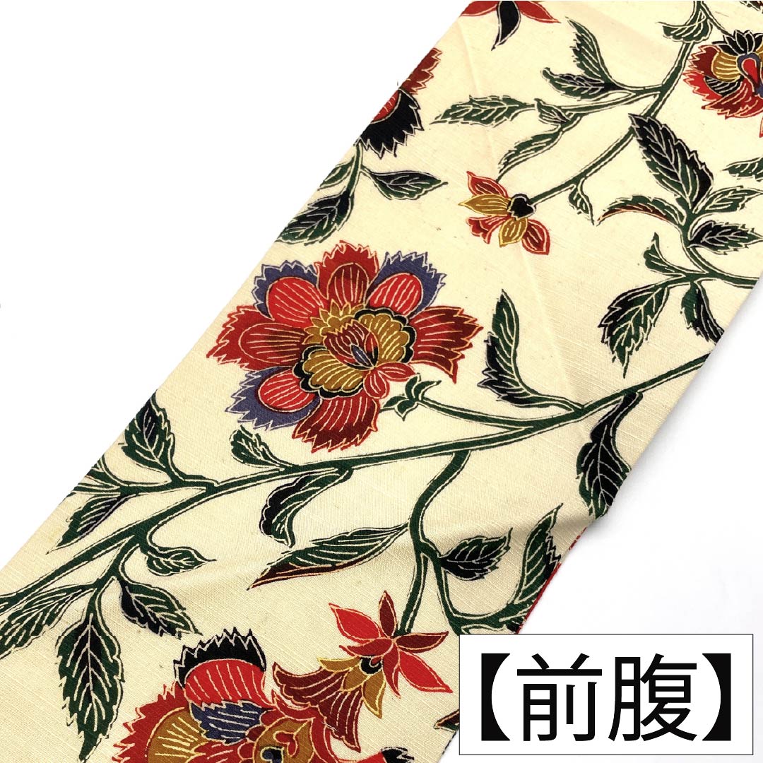 名古屋帯 正絹 Aランク 名古屋仕立て 東京白茶色（とうきょうしらちゃいろ） 型染 更紗模様 唐花 帯丈365cm 全通 カジュアル クリーム系 1124012153315