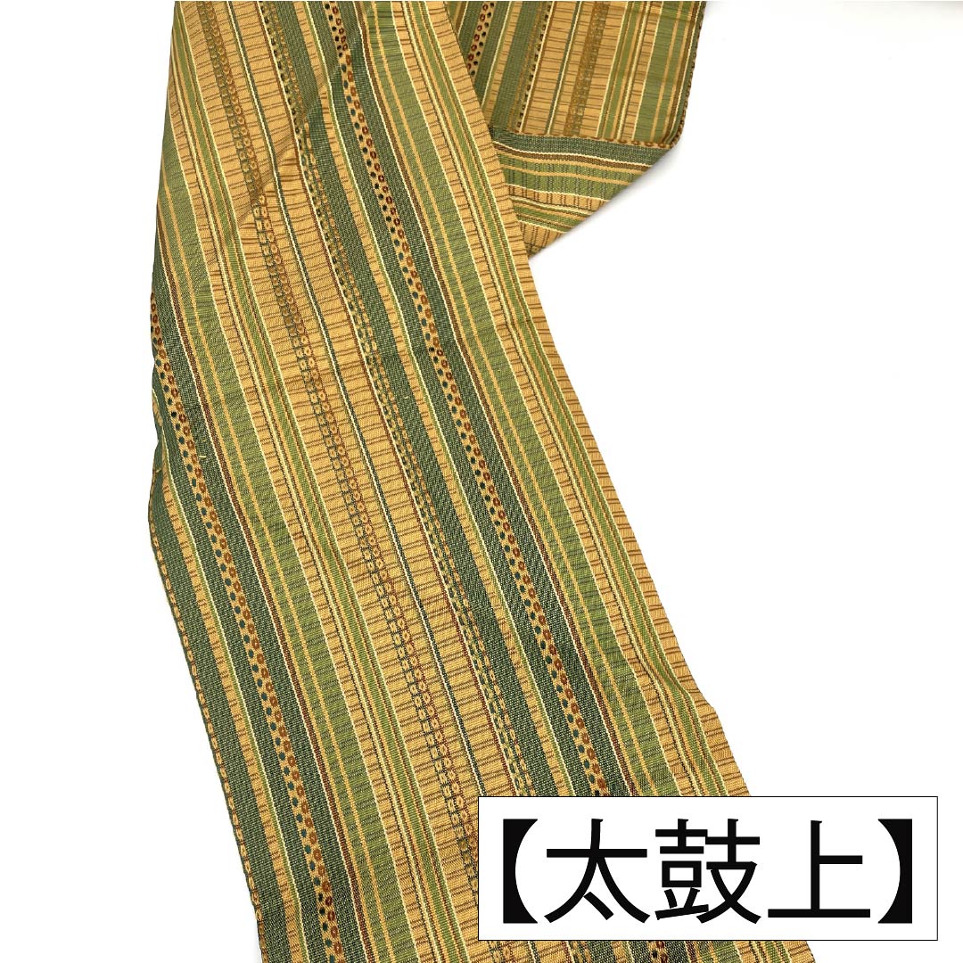 【帯】八寸名古屋帯 ベージュ地に黄系統のアラベスク文様 全通 正絹 美品 優品 SOUBIEN（創美苑） 八寸名古屋帯 名古屋帯 夏向け カジュアル 紗 青