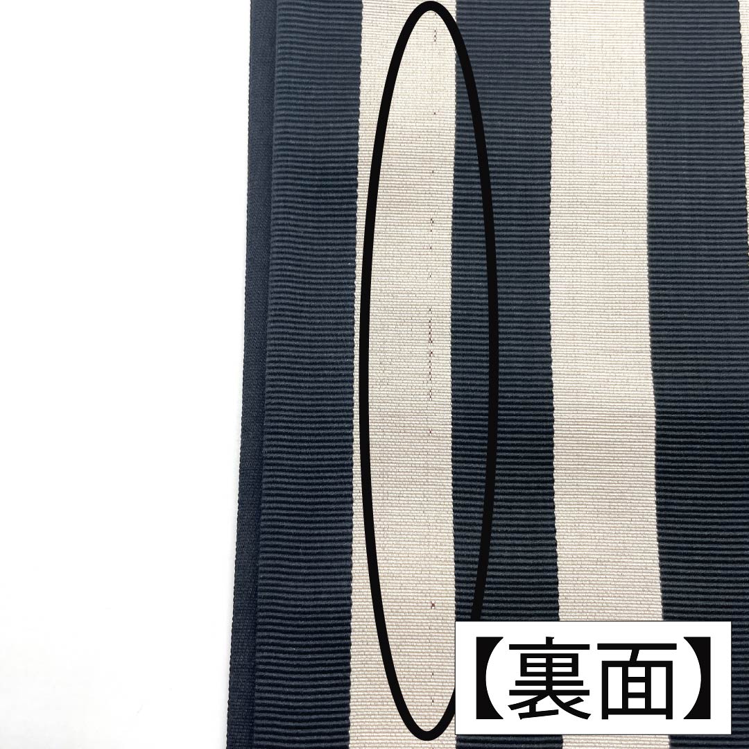 名古屋帯 ポリエステル Aランク 開き仕立て 撫松庵 リバーシブル 水玉 縞 帯丈384cm 全通 カジュアル 黒系 1124013693410