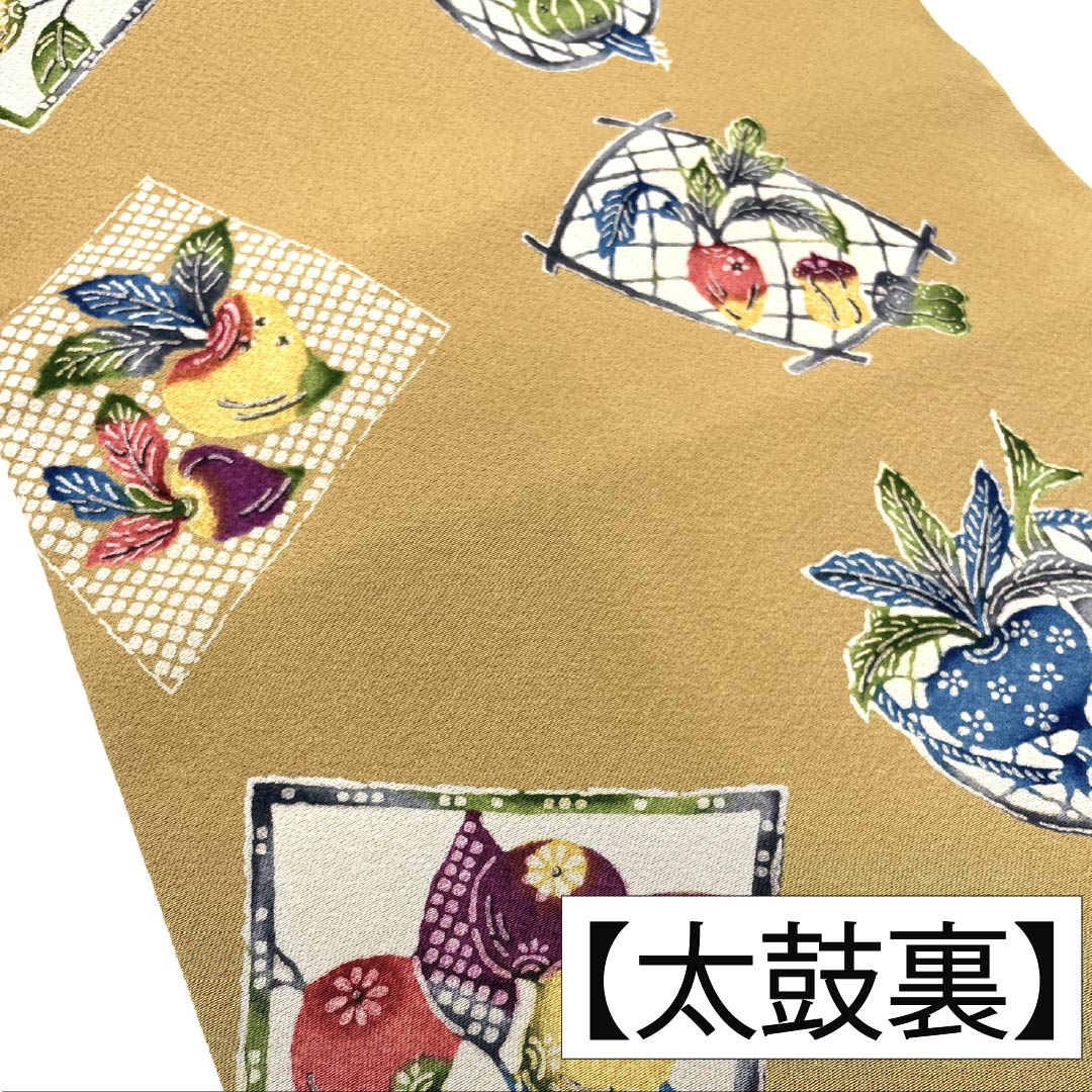 名古屋帯 正絹 Aランク 名古屋仕立て 胡桃色（くるみいろ） 型染 古典柄 野菜 帯丈362cm 全通 カジュアル ベージュ系 1124012123325