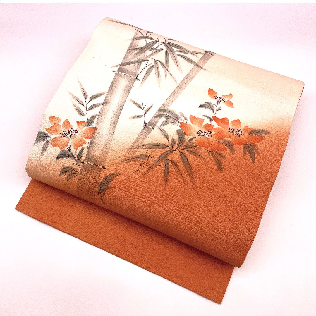 名古屋帯 証紙つき 本場結城紬 手書き 草花笹竹 帯丈376cm 正絹 Sランク ポイント柄 カジュアル 朱系 1124000412316  名古屋仕立て