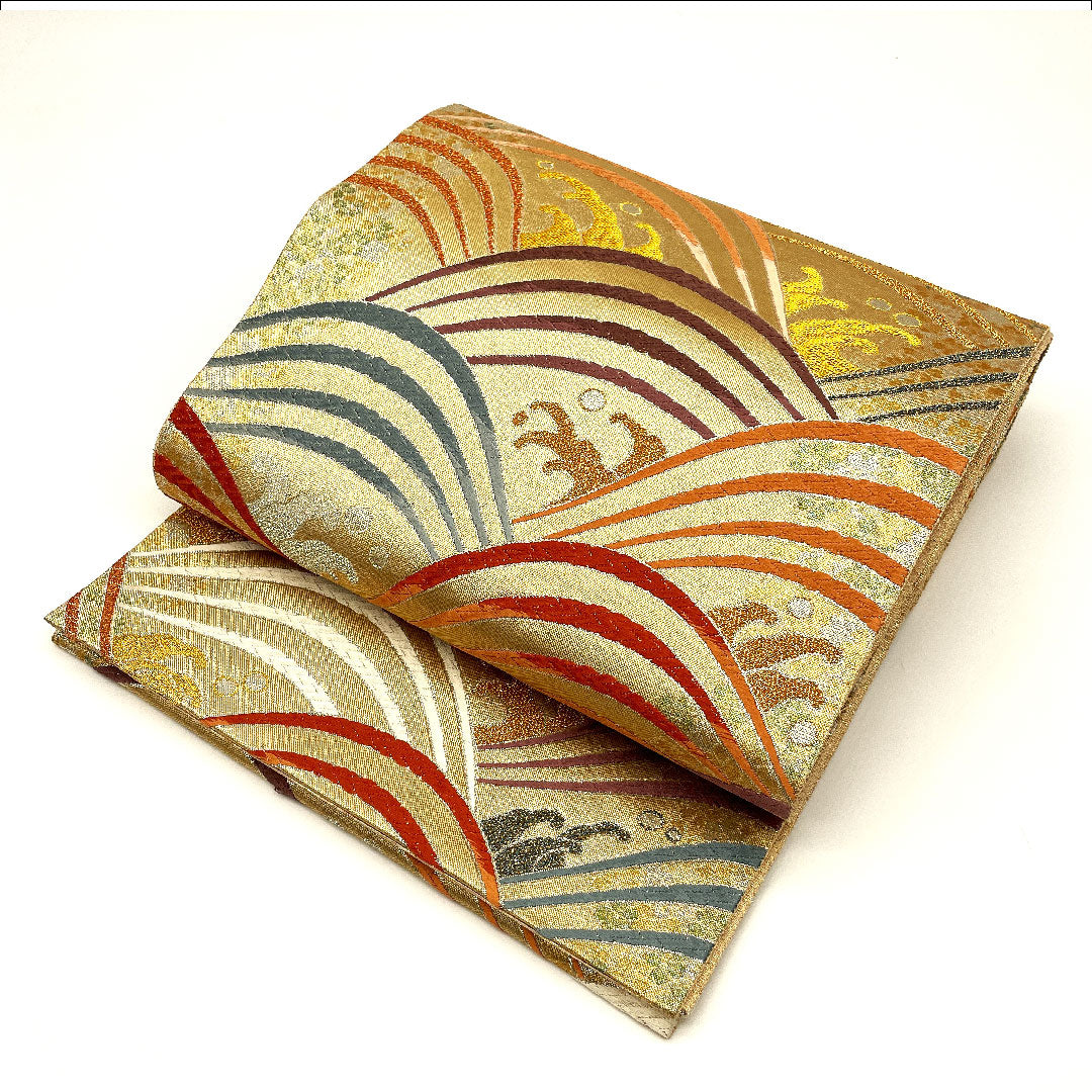 袋帯 波模様 カラフル 帯丈434cm 正絹 Sランク 六通 フォーマル 金系 1123001742321