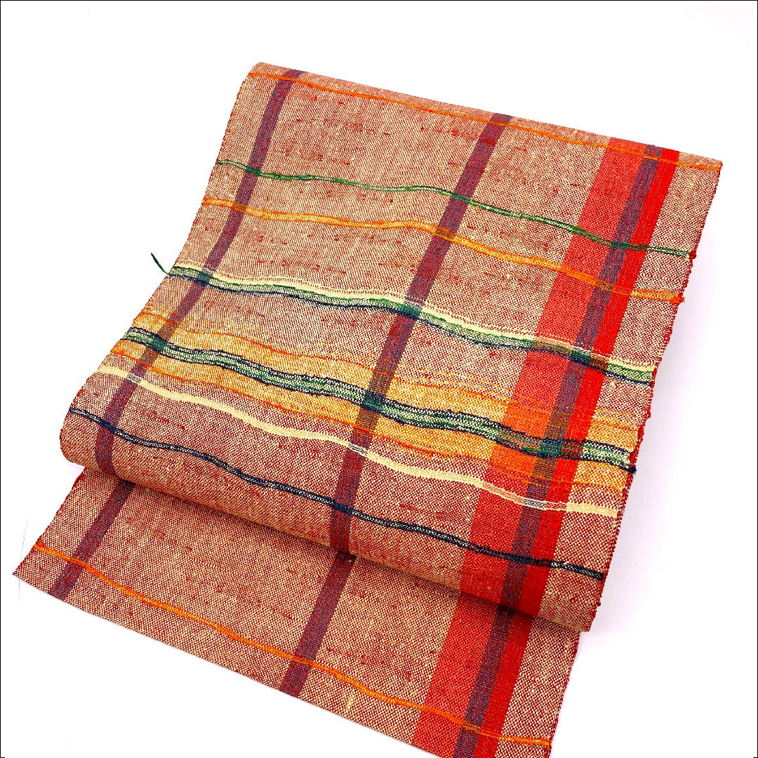 名古屋帯 よろけ横段 縞模様 帯丈354cm 正絹 Sランク 全通 カジュアル 朱系 1124000182316  名古屋仕立て