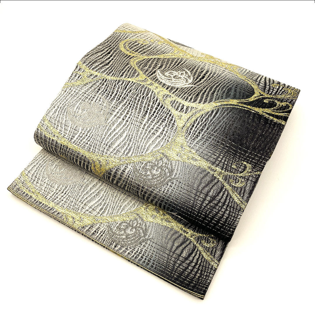 袋帯 本泥染 流水 菖蒲 帯丈442cm 正絹 Sランク 六通 セミフォーマル 黒系 1123001692310