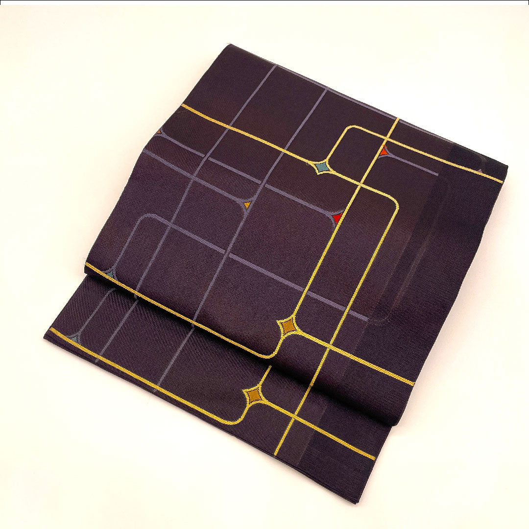 袋帯 抽象模様 帯丈436cm 正絹 Sランク 六通 カジュアル 紫系 1123001482320