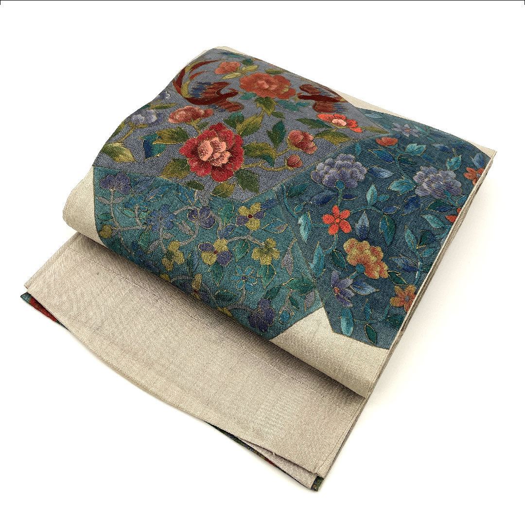 （未仕立）袋帯 未仕立 本まわた 花柄 抽象鳥 帯丈453cm 正絹 Sランク ポイント柄 カジュアル グレー系 1123001712422