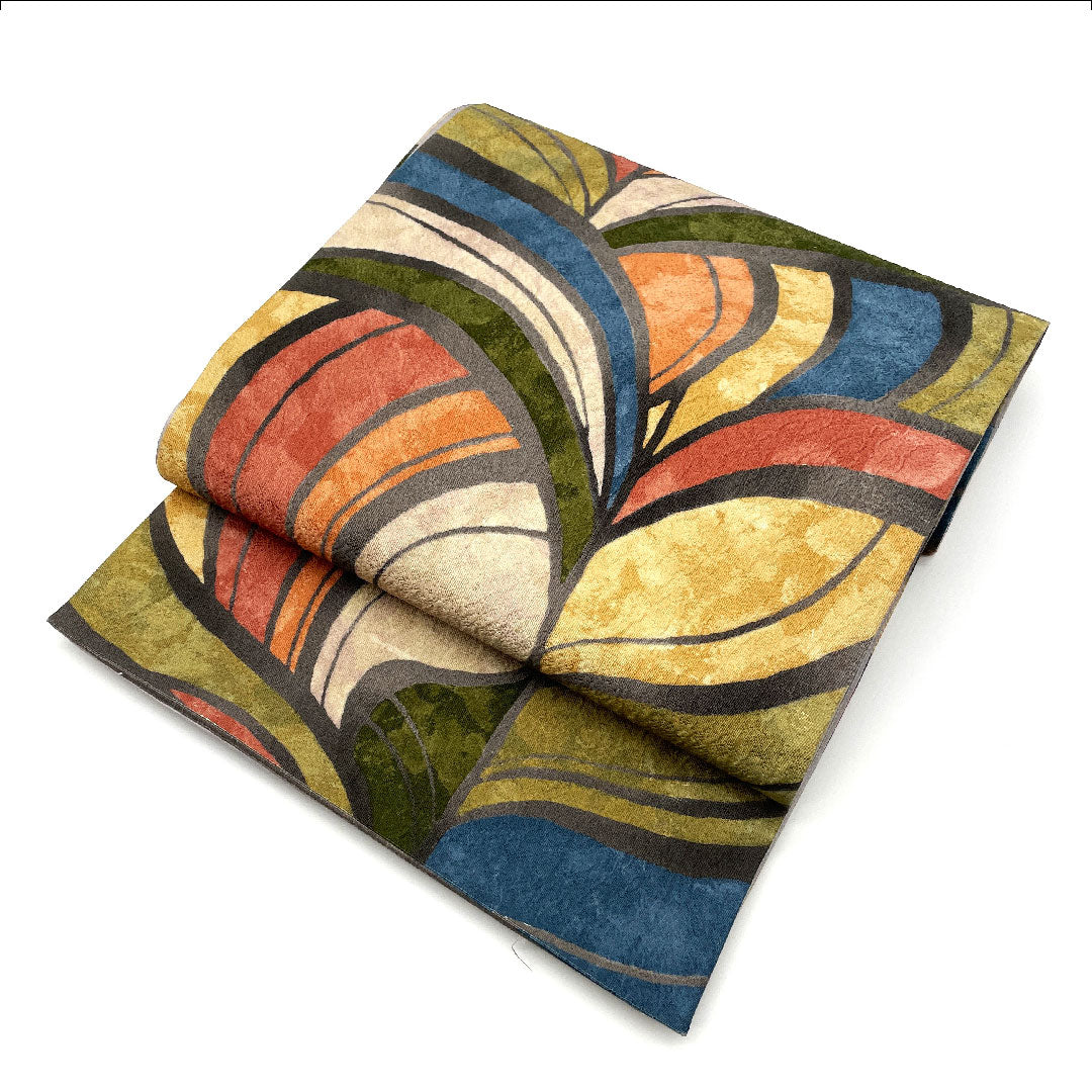 袋帯 抽象模様 カラフル 帯丈431cm 正絹 Sランク 全通 カジュアル グレー系 1123001722322