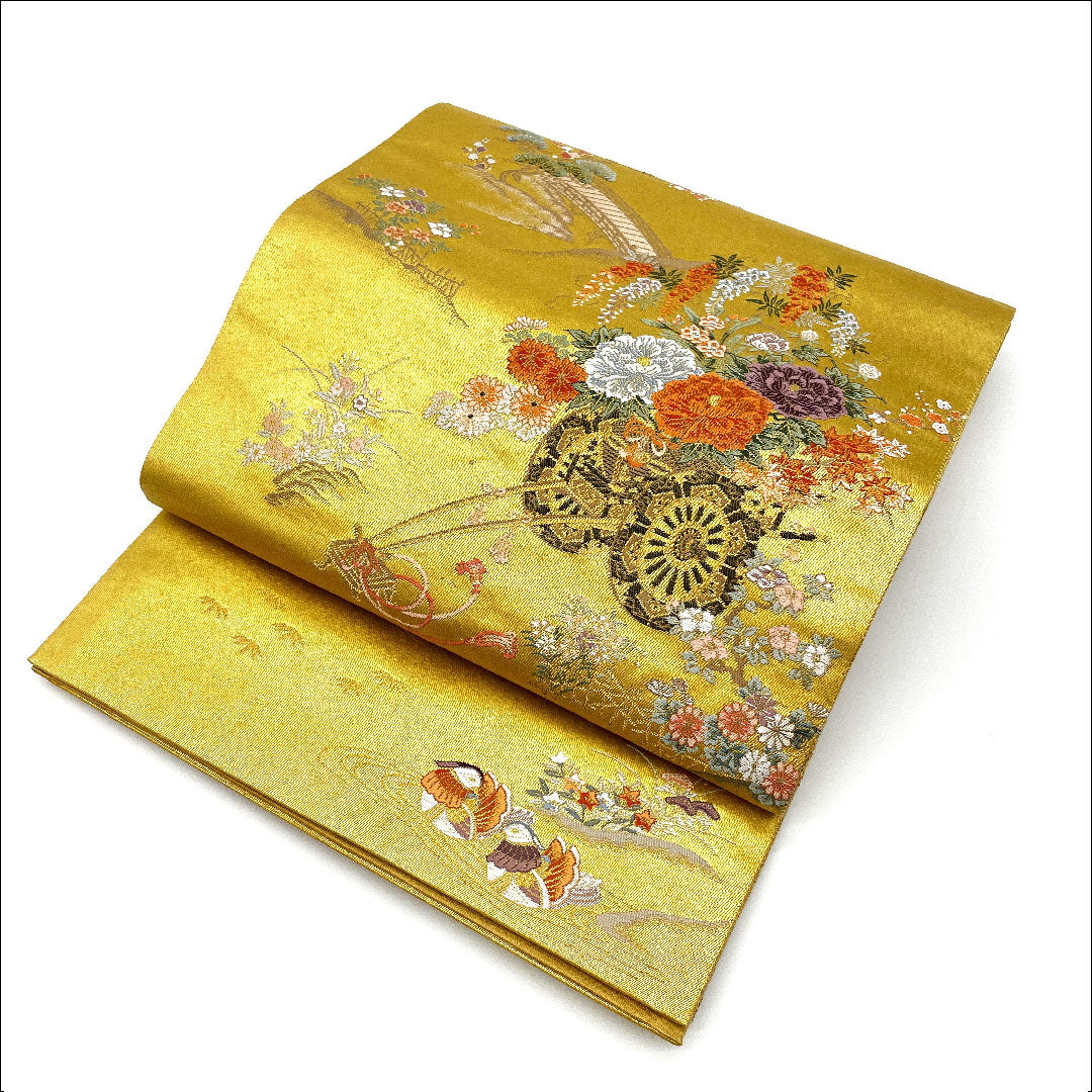 袋帯 花車 鴛鴦 帯丈432cm 正絹 Aランク 六通 フォーマル 金系 1123002403321