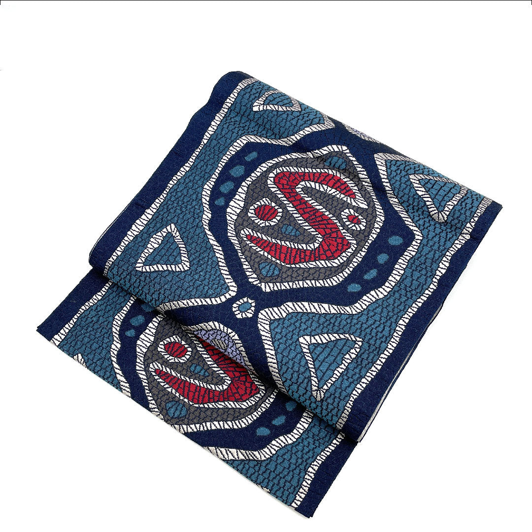 名古屋帯 本場筑前博多 抽象模様 帯丈360cm 正絹 Sランク 六通 カジュアル 青系 1124000532317  松葉仕立て