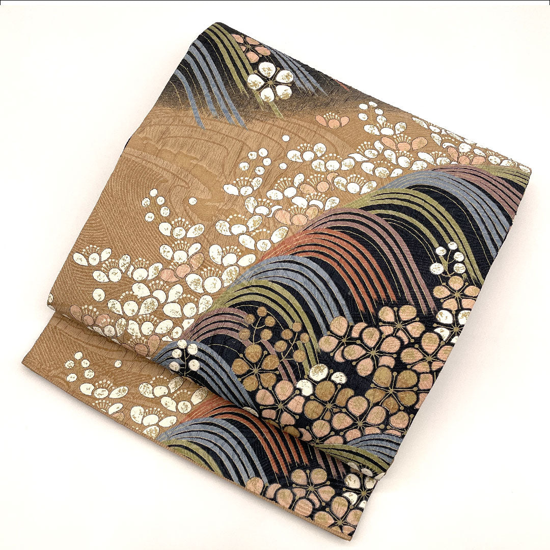 袋帯 鵬翔 本草木染 ふくれ織り 帯丈442cm 正絹 Sランク 全通 カジュアル 茶系 1123001552314