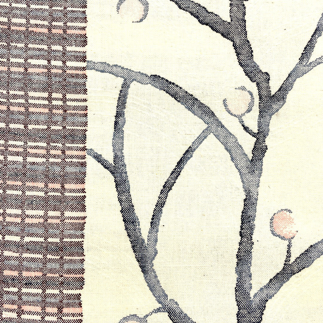 名古屋帯 真綿紬 枝蕾模様 帯丈359cm 正絹 Sランク 六通 カジュアル クリーム系 1124000272315  松葉仕立て