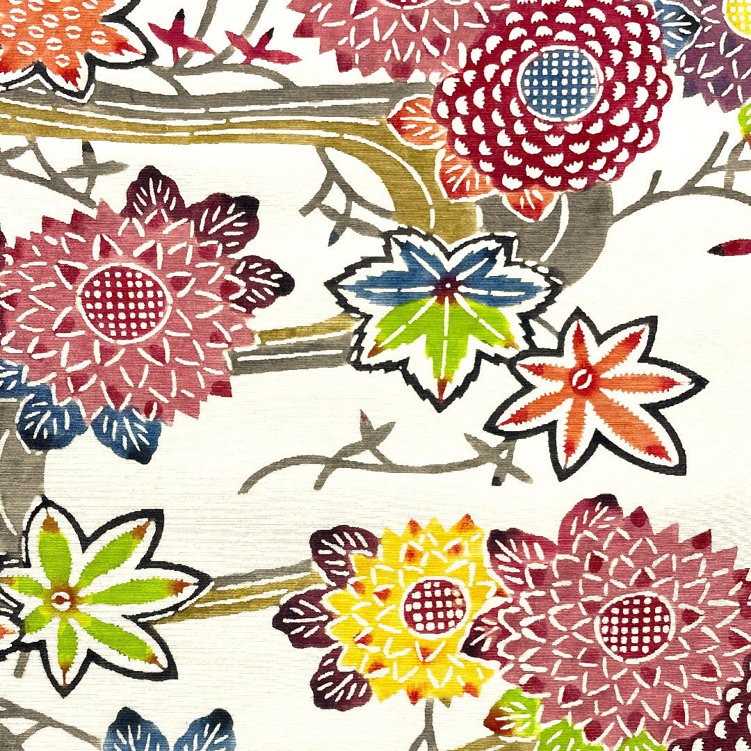 （未仕立）名古屋帯  京紅型 流水 紅葉 菊 帯丈390cm 正絹 Aランク 六通 カジュアル 白系 1124000683311