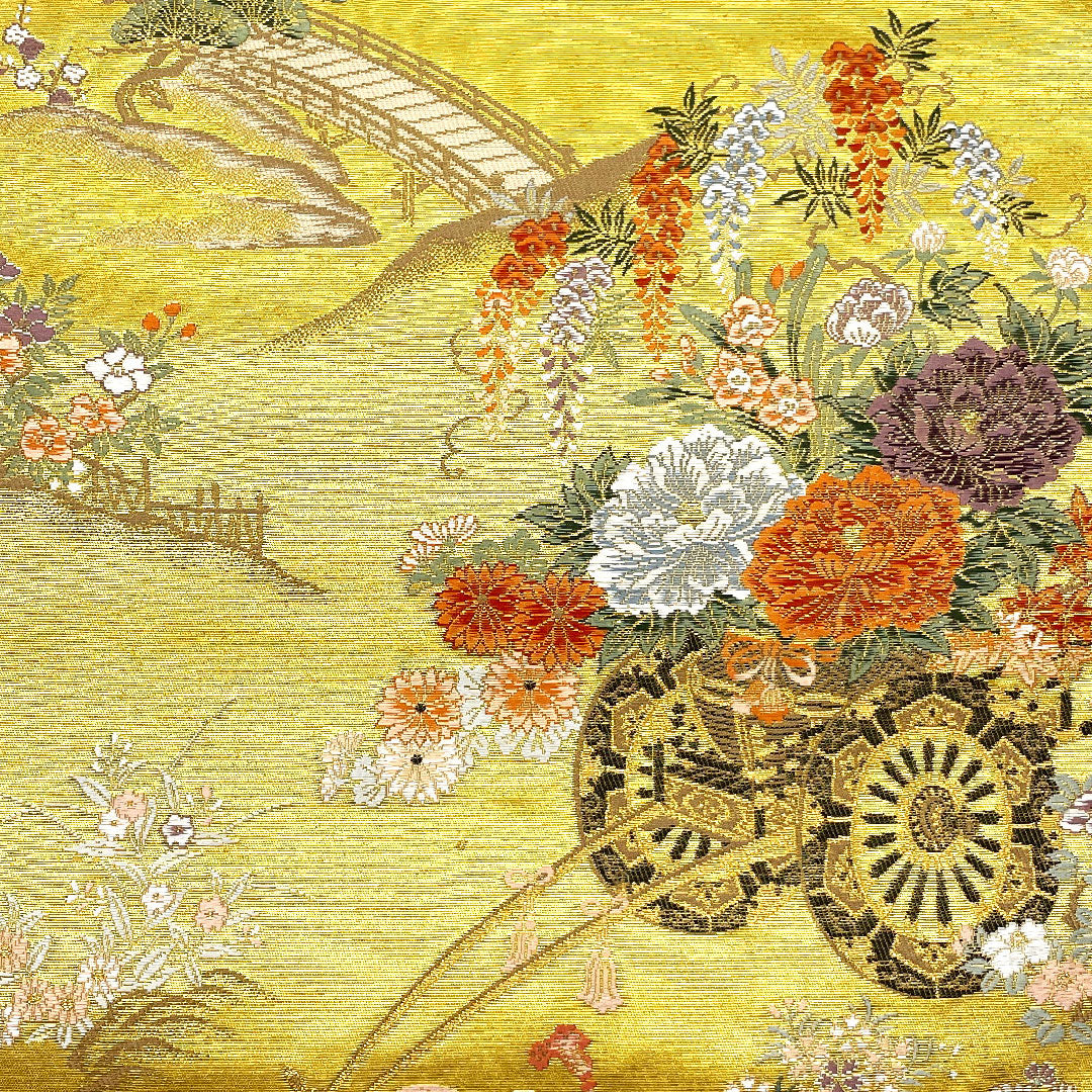 袋帯 花車 鴛鴦 帯丈432cm 正絹 Aランク 六通 フォーマル 金系 1123002403321