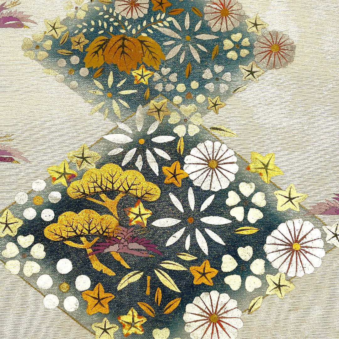 袋帯 菱 吉祥文様 鶴 帯丈432cm 正絹 Aランク ポイント柄 フォーマル 白系 1123002413311