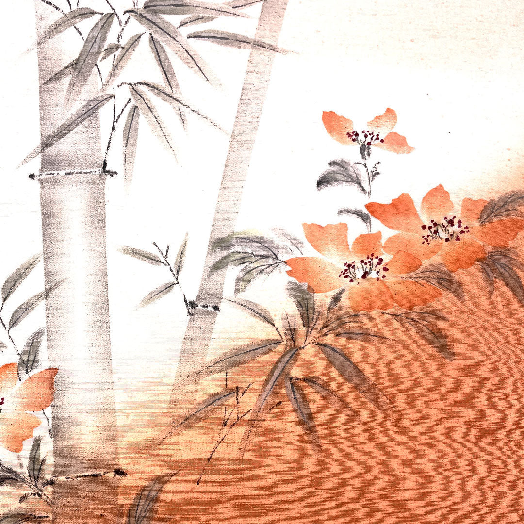 名古屋帯 証紙つき 本場結城紬 手書き 草花笹竹 帯丈376cm 正絹 Sランク ポイント柄 カジュアル 朱系 1124000412316  名古屋仕立て