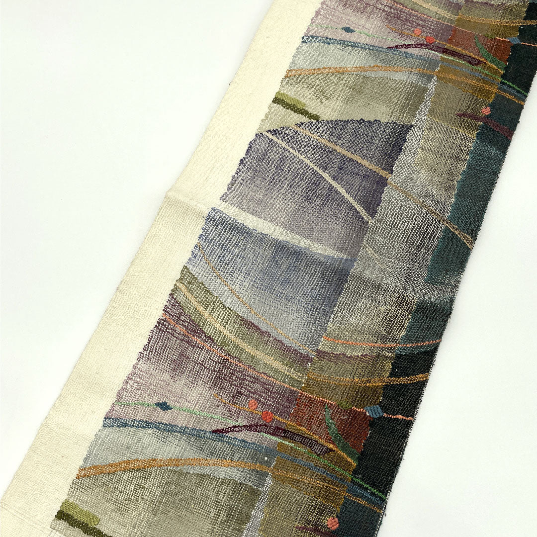 名古屋帯 渡文製 手織り真綿紬 露芝模様 帯丈360cm 正絹 Aランク 全通 カジュアル クリーム系 1124000364315  名古屋仕立て