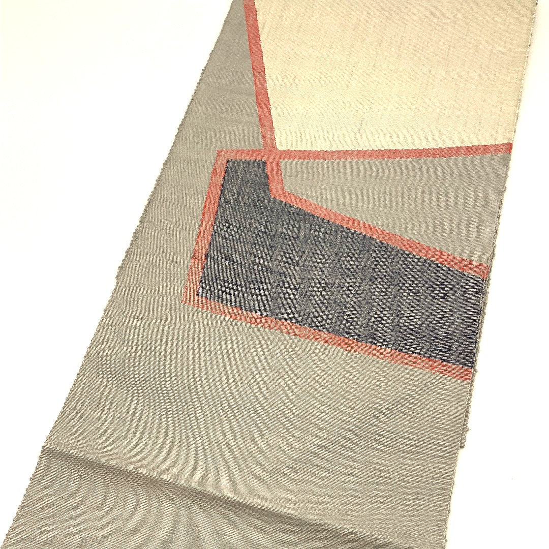 名古屋帯 手織り紬 抽象模様 帯丈377cm 正絹 Sランク ポイント柄 カジュアル グレー系 1124000292322  松葉仕立て