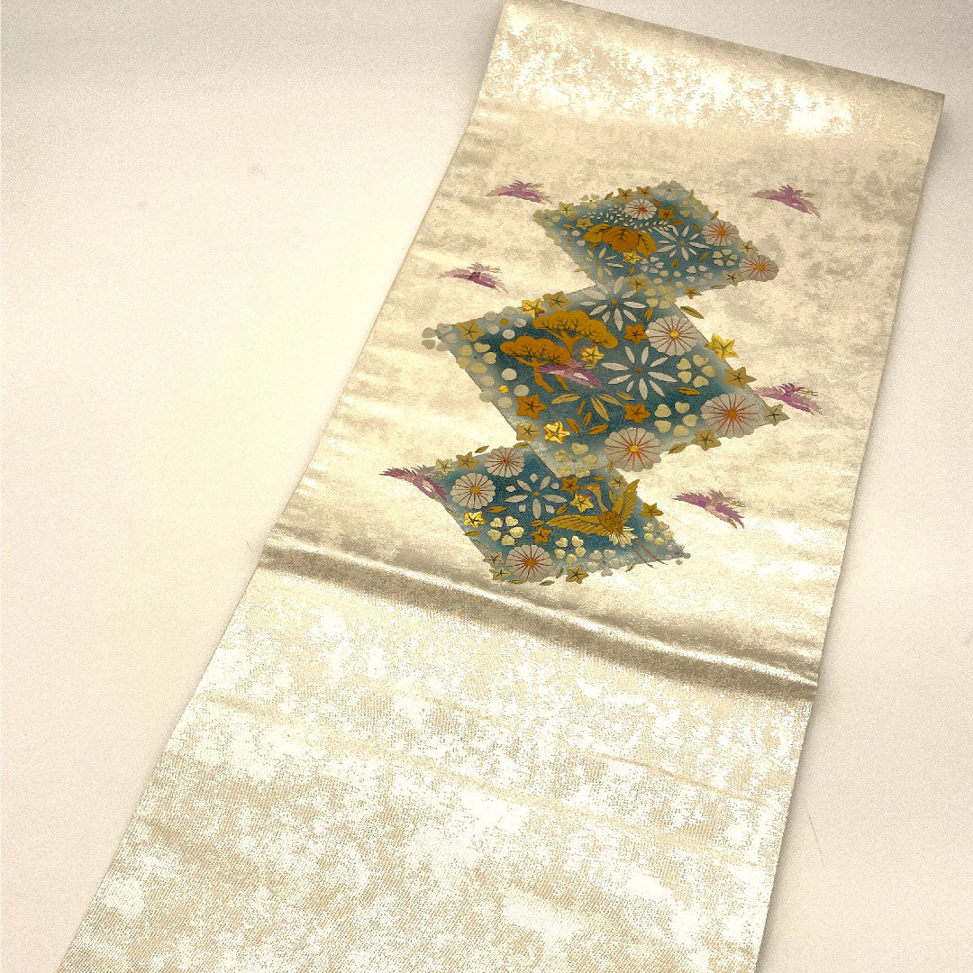 袋帯 菱 吉祥文様 鶴 帯丈432cm 正絹 Aランク ポイント柄 フォーマル 白系 1123002413311