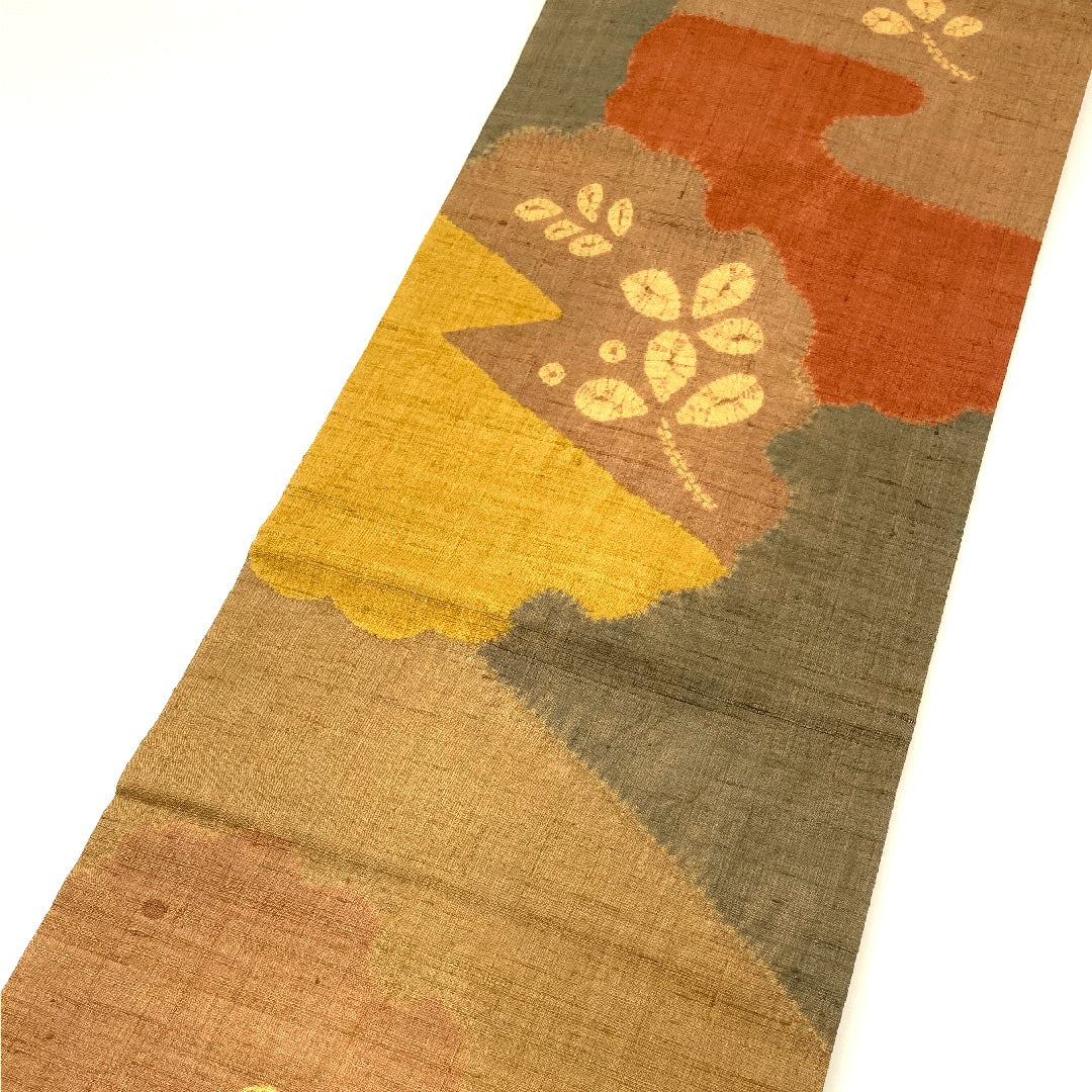 名古屋帯 生紬 雪輪 草葉模様 帯丈373cm 正絹 Sランク 六通 カジュアル 茶系 1124000322314  名古屋仕立て