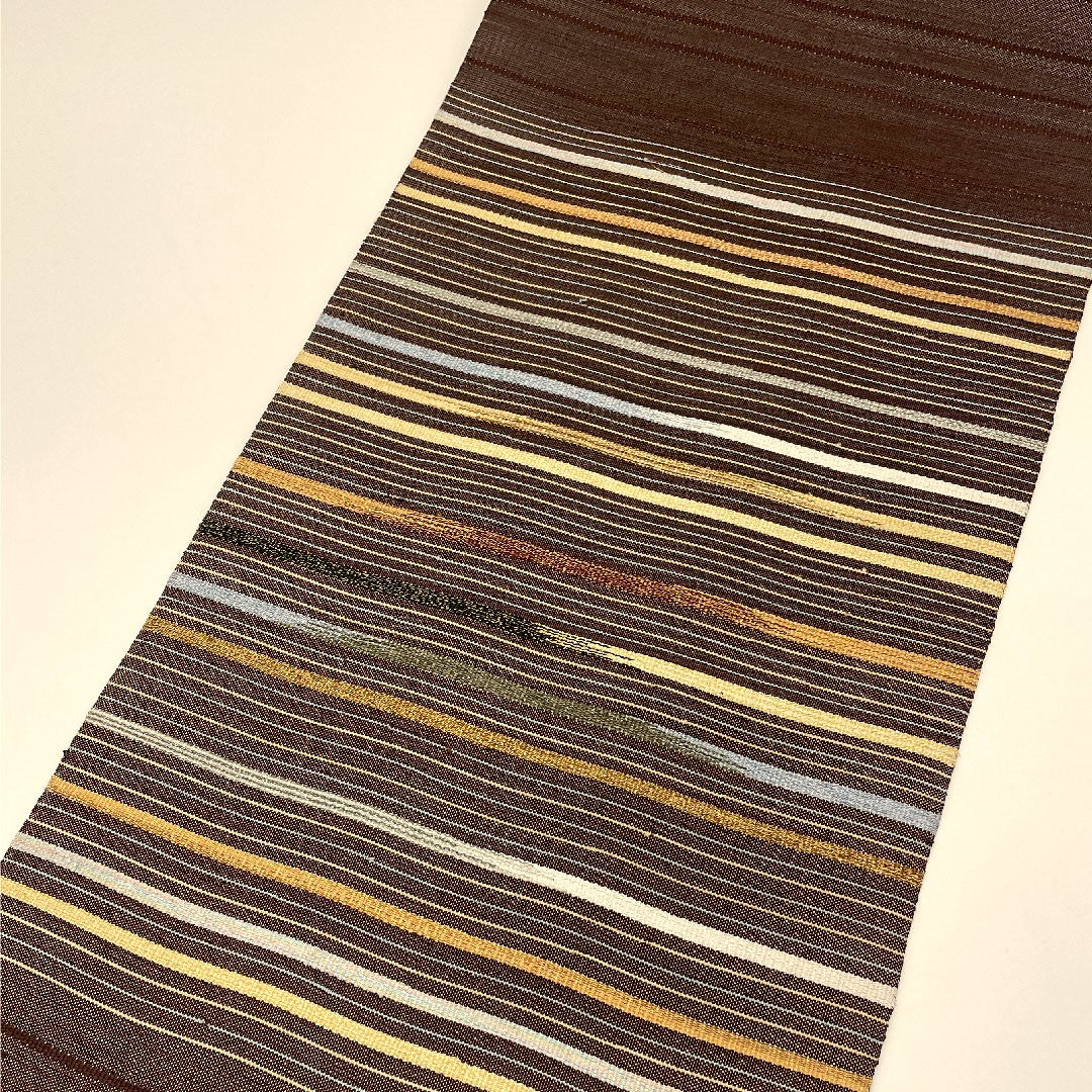 名古屋帯 横段模様 帯丈394cm 正絹 Aランク ポイント柄 カジュアル 茶系 1124000303314  松葉仕立て