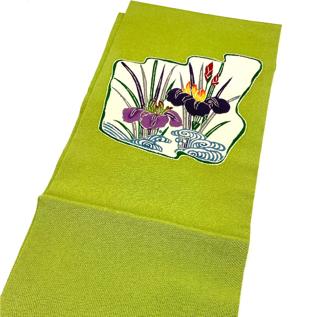 名古屋帯 縮緬地 荒波 菖蒲 帯丈372.5cm 正絹 Sランク ポイント柄 カジュアル 緑系 1124000262319  名古屋仕立て