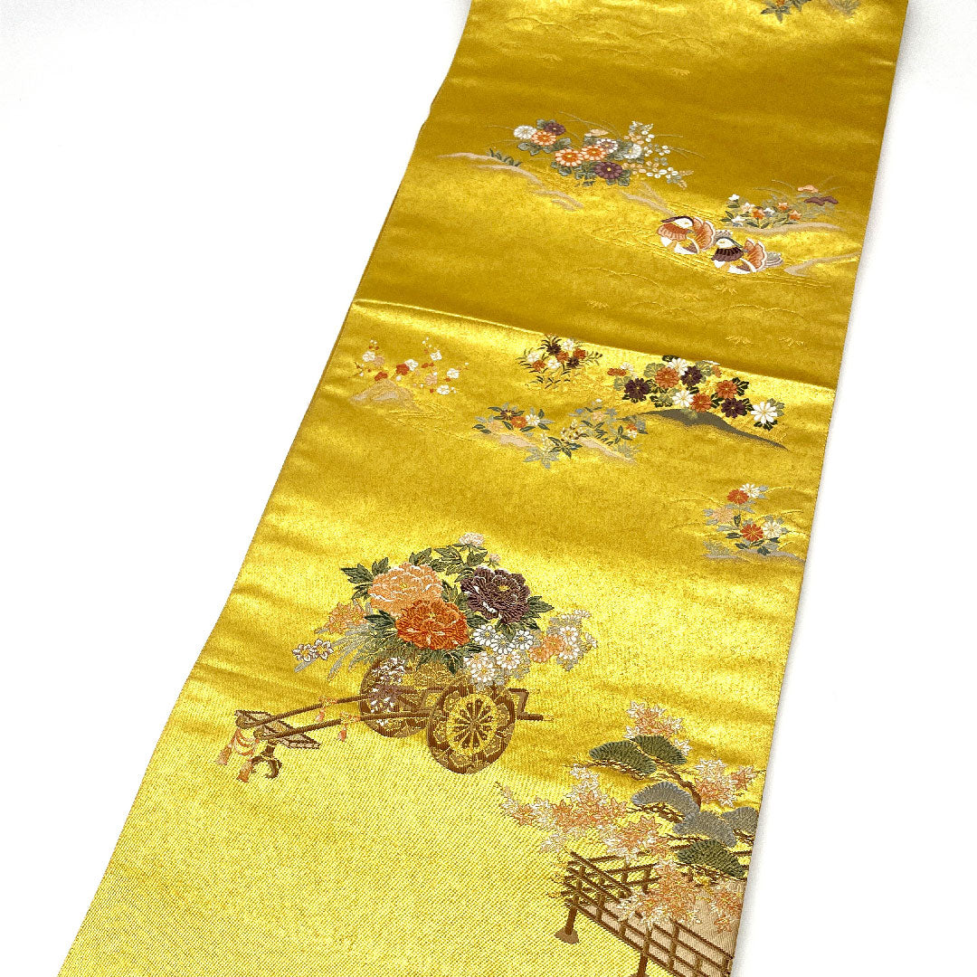 袋帯 花車 鴛鴦 帯丈432cm 正絹 Aランク 六通 フォーマル 金系 1123002403321