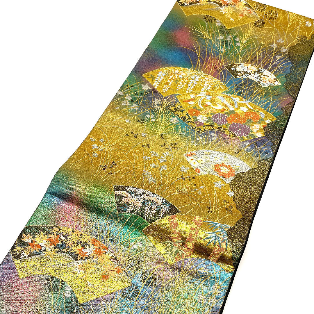 袋帯 松竹梅 四季の花 カラフル 帯丈441cm 正絹 Sランク 六通 フォーマル 金系 1123001972321