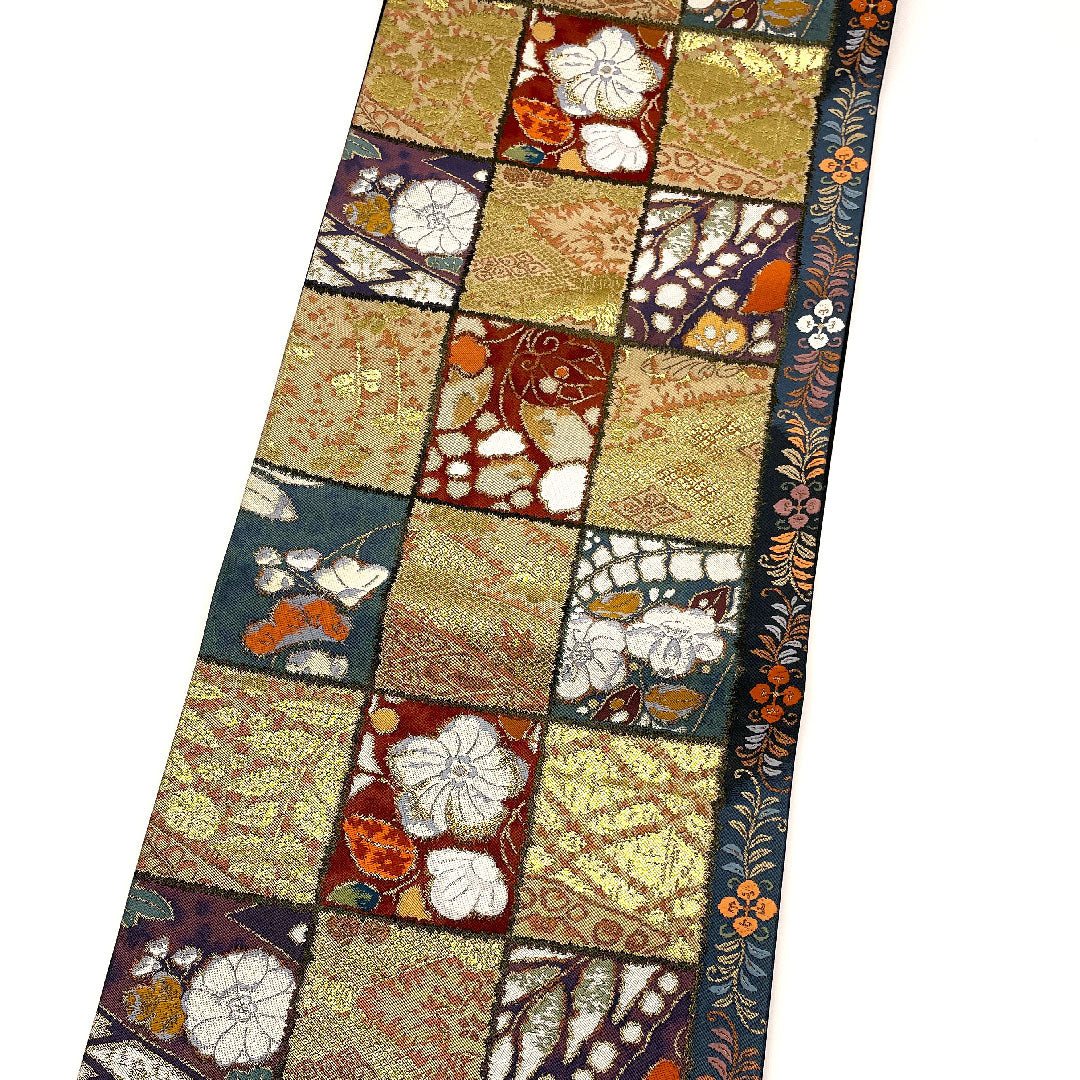 袋帯 辻ヶ花 葵 菱 市松 帯丈422cm 正絹 Sランク 六通 セミフォーマル 金系 1123001532321