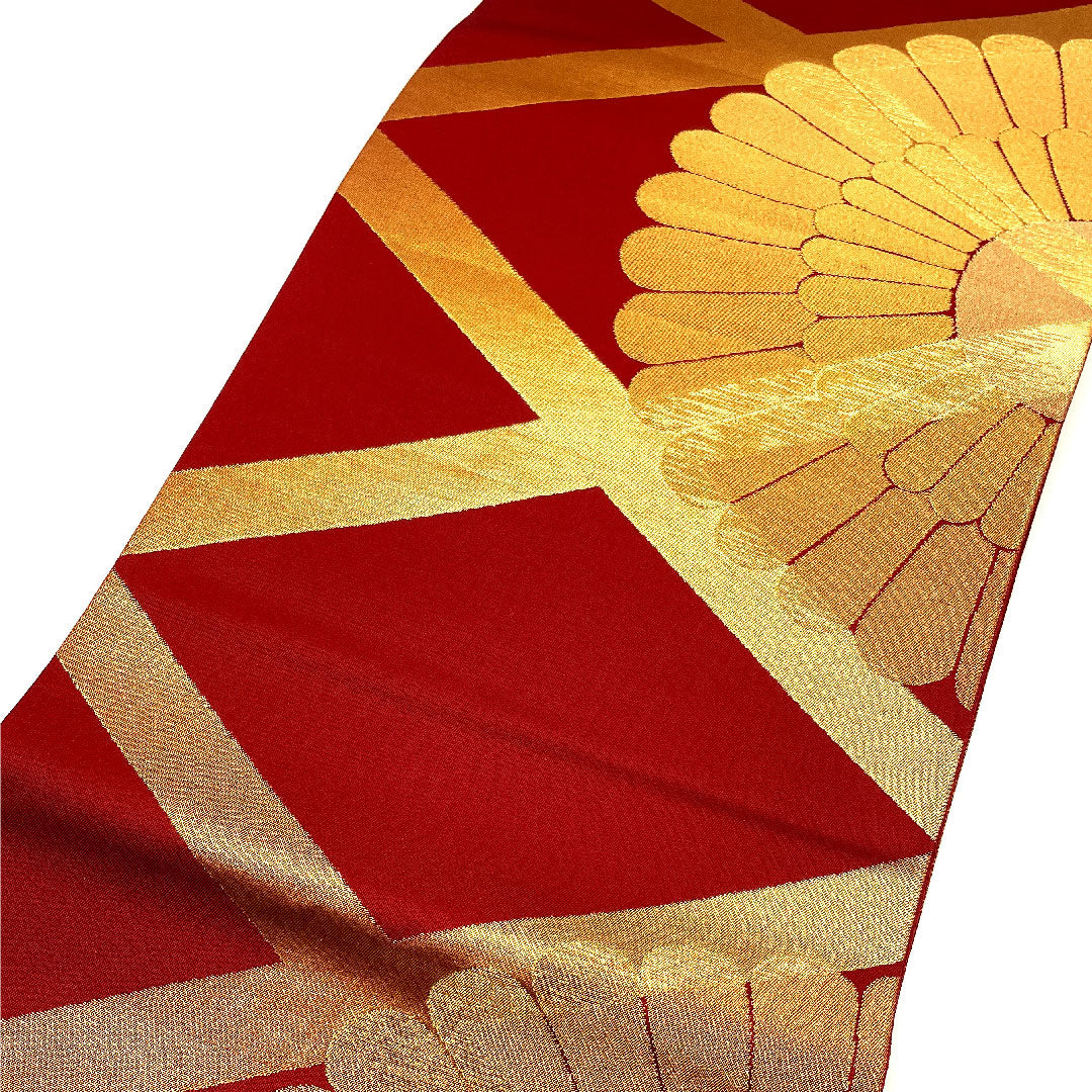 袋帯 菱 花 三風魯 帯丈445cm 正絹 Sランク 全通 フォーマル 赤系 1123002092312