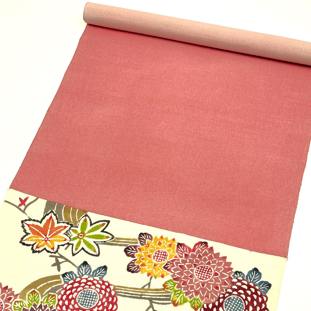 （未仕立）名古屋帯  京紅型 流水 紅葉 菊 帯丈390cm 正絹 Aランク 六通 カジュアル 白系 1124000683311