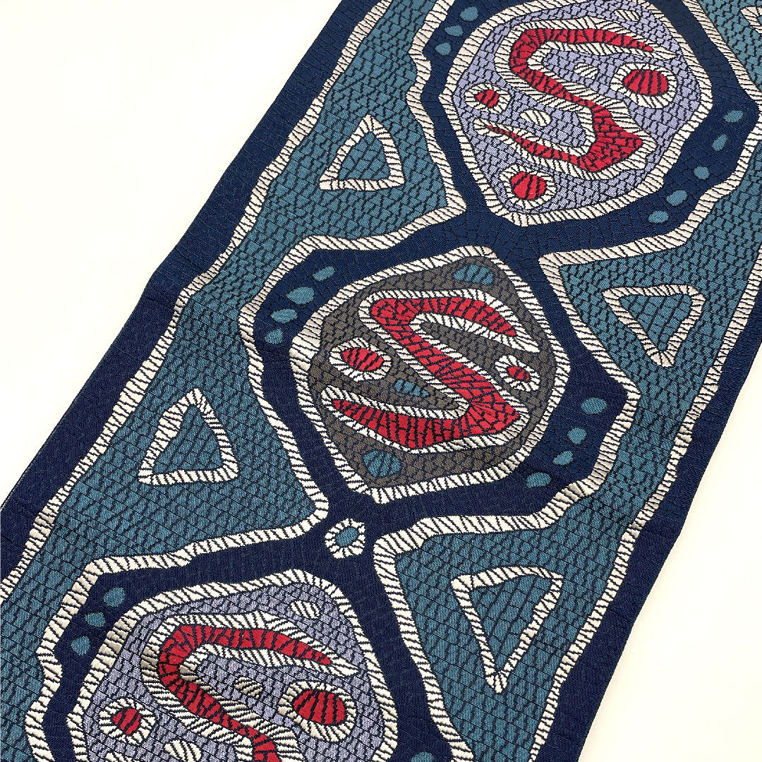 名古屋帯 本場筑前博多 抽象模様 帯丈360cm 正絹 Sランク 六通 カジュアル 青系 1124000532317  松葉仕立て