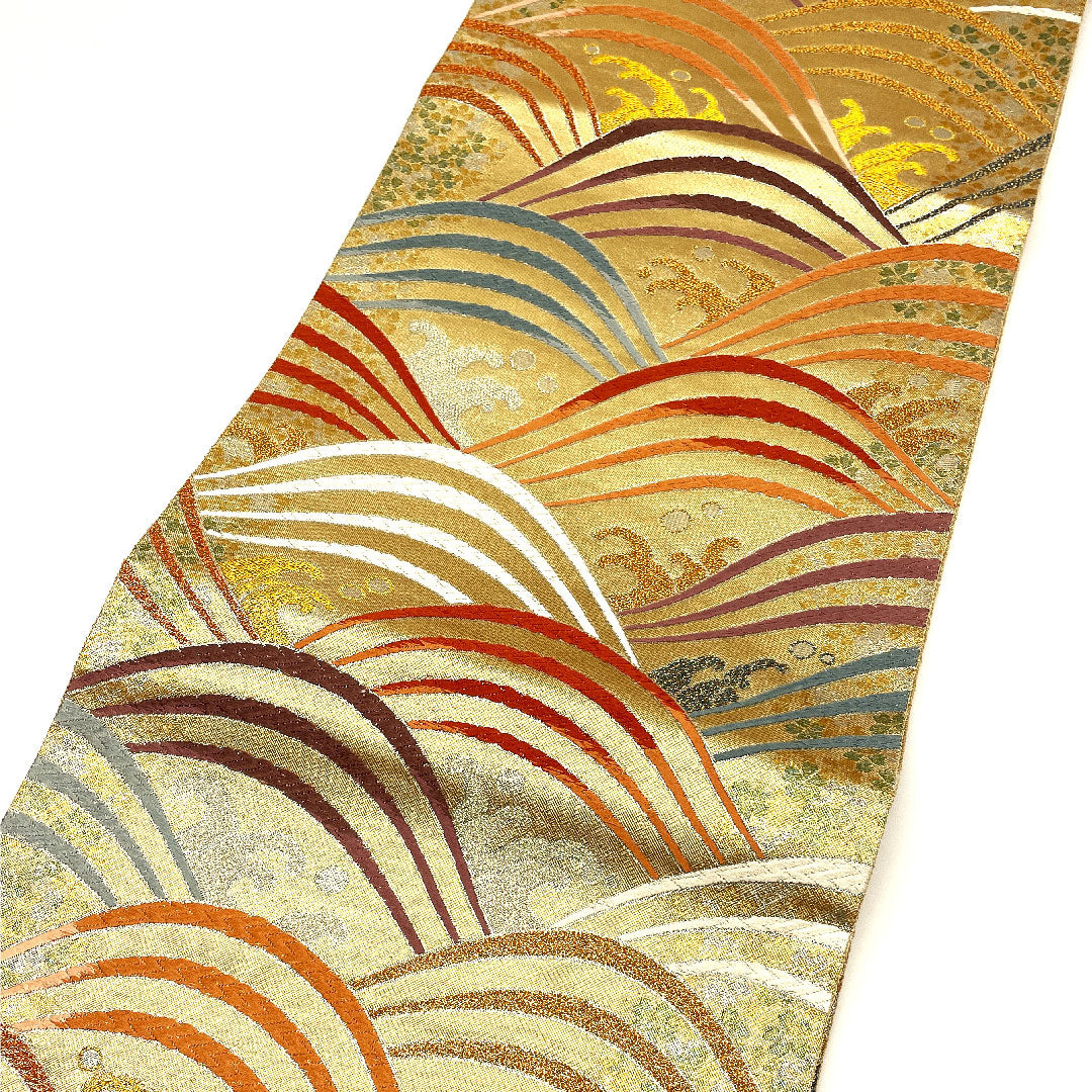 袋帯 波模様 カラフル 帯丈434cm 正絹 Sランク 六通 フォーマル 金系 1123001742321