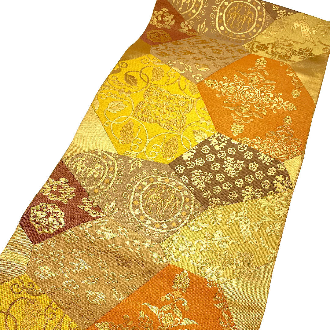 袋帯 変わり亀甲 帯丈443cm 正絹 Aランク 全通 セミフォーマル 茶系 1123002193314