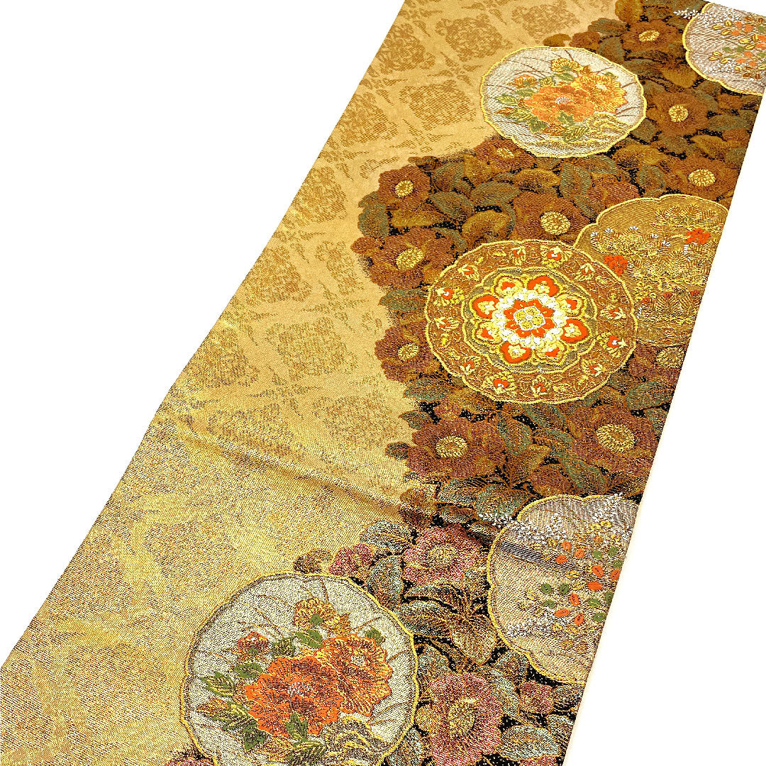 袋帯 華飾流堆朱文 帯丈423cm 正絹 Sランク 六通 フォーマル 金系 1123001952321