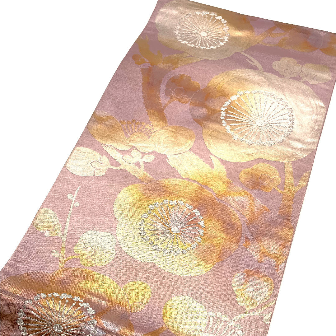 袋帯 梅 焼箔 帯丈429cm 正絹 Sランク 六通 セミフォーマル 紫系 1123002332320