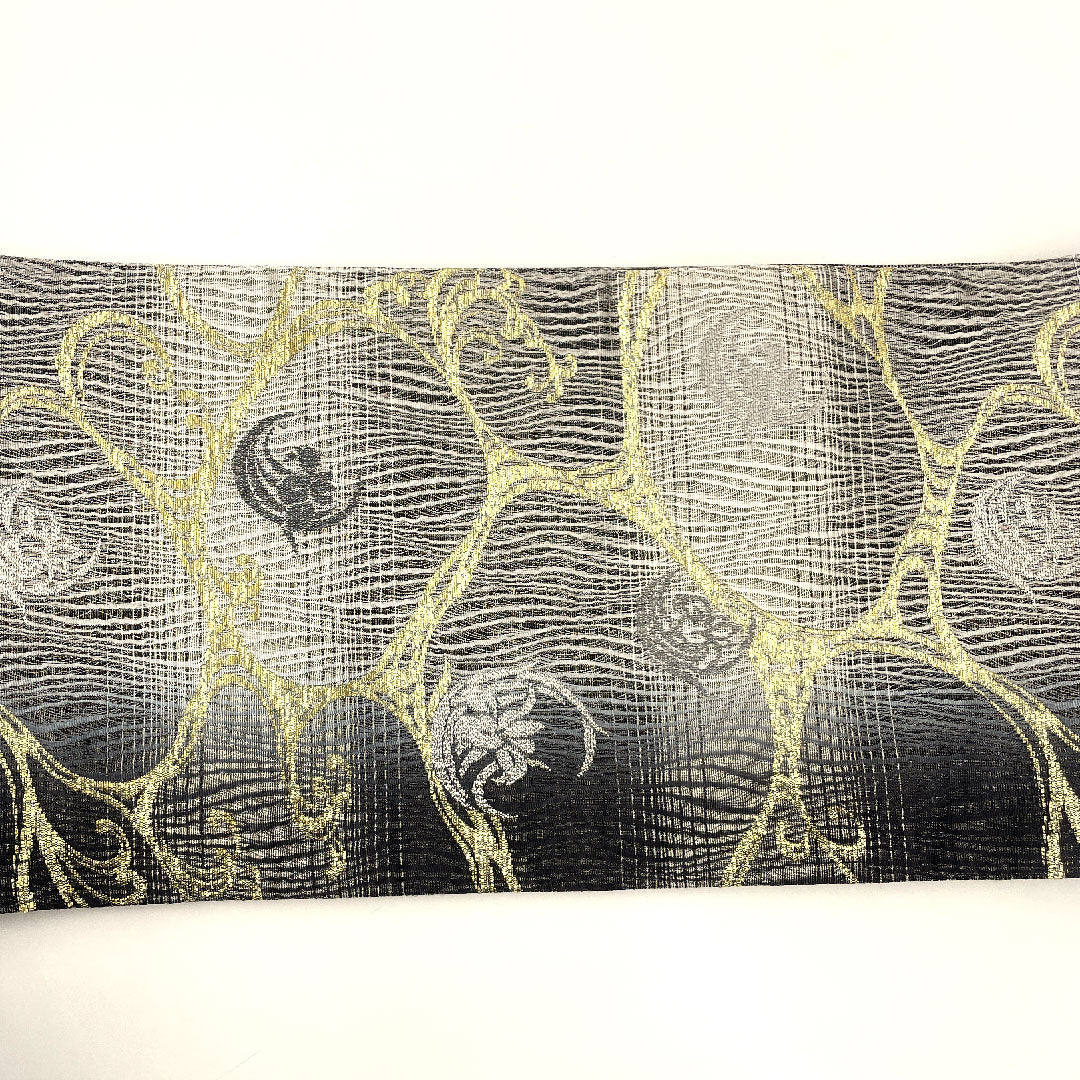 袋帯 本泥染 流水 菖蒲 帯丈442cm 正絹 Sランク 六通 セミフォーマル 黒系 1123001692310