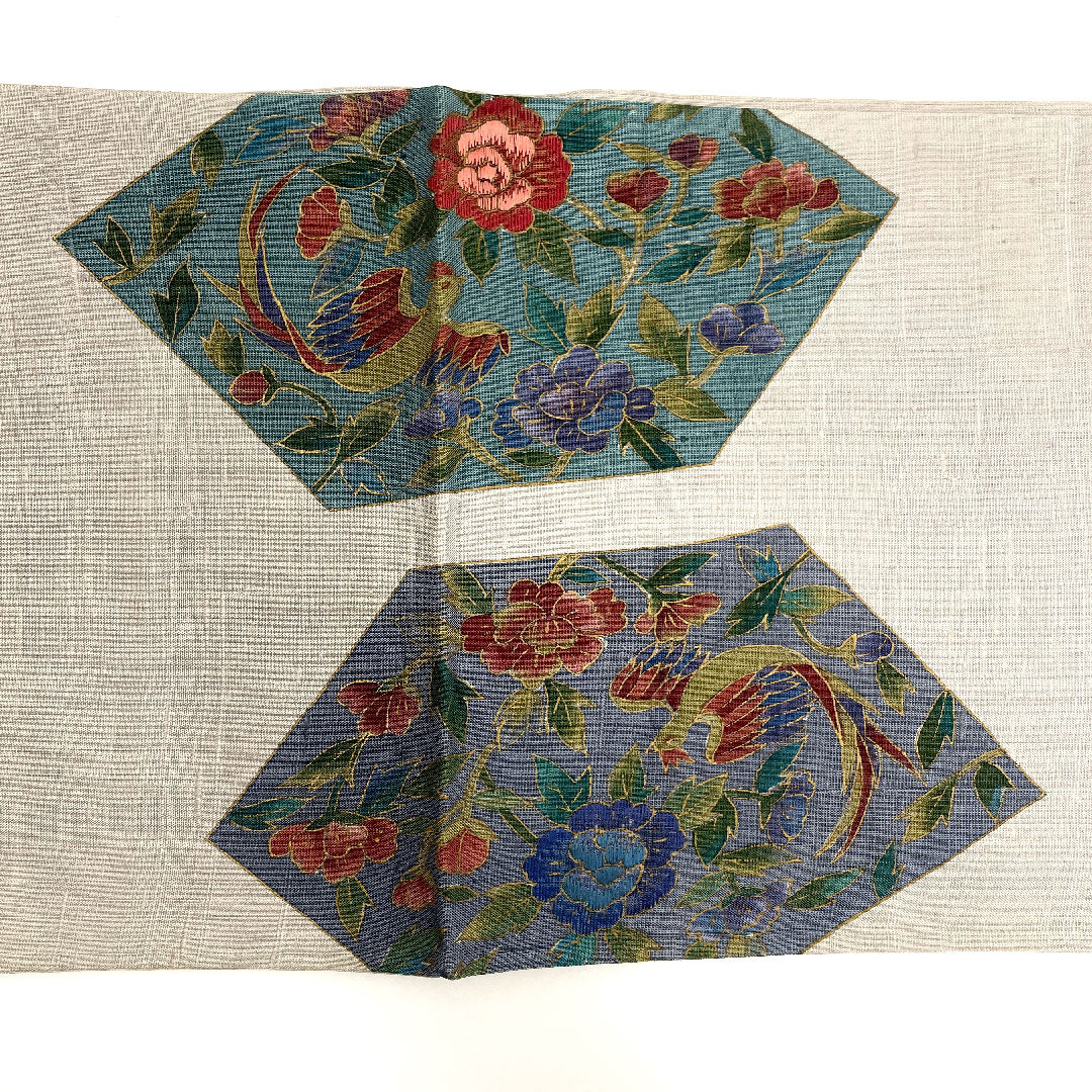 （未仕立）袋帯 未仕立 本まわた 花柄 抽象鳥 帯丈453cm 正絹 Sランク ポイント柄 カジュアル グレー系 1123001712422