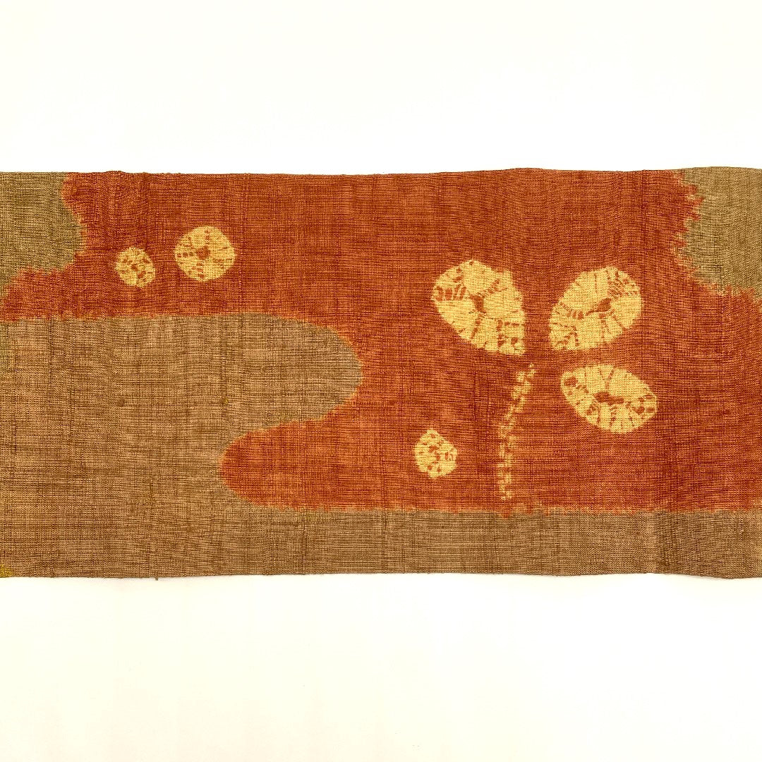 名古屋帯 生紬 雪輪 草葉模様 帯丈373cm 正絹 Sランク 六通 カジュアル 茶系 1124000322314  名古屋仕立て