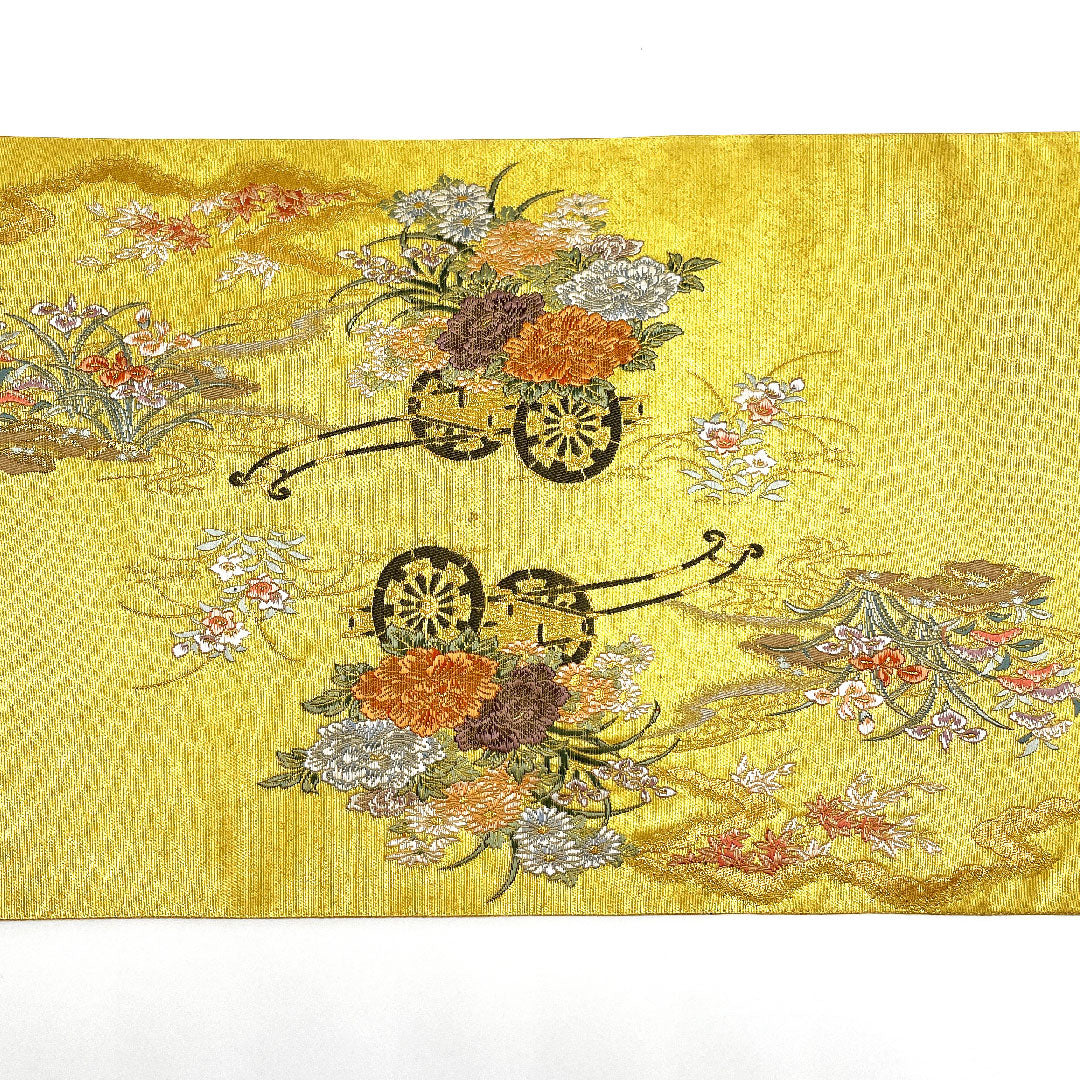 袋帯 花車 鴛鴦 帯丈432cm 正絹 Aランク 六通 フォーマル 金系 1123002403321