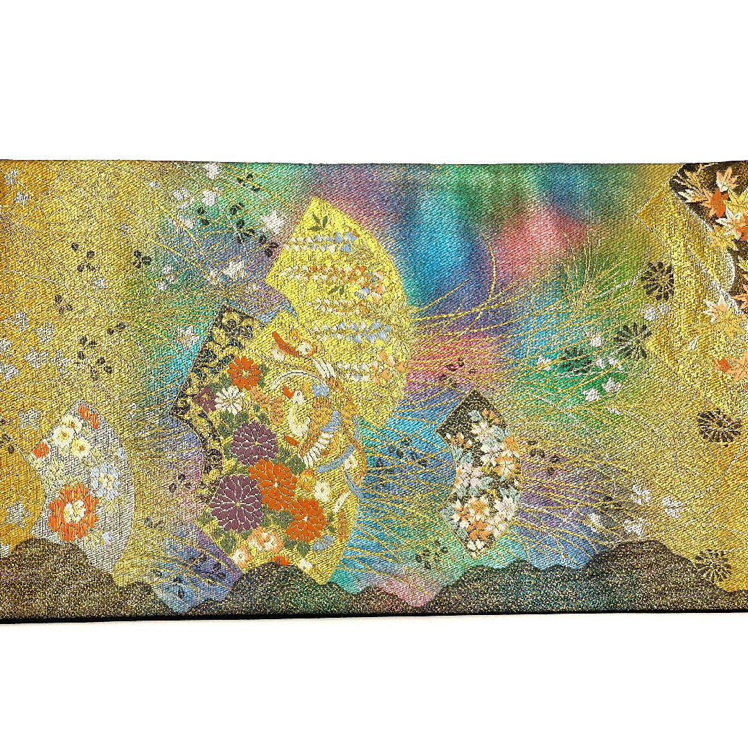 袋帯 松竹梅 四季の花 カラフル 帯丈441cm 正絹 Sランク 六通 フォーマル 金系 1123001972321