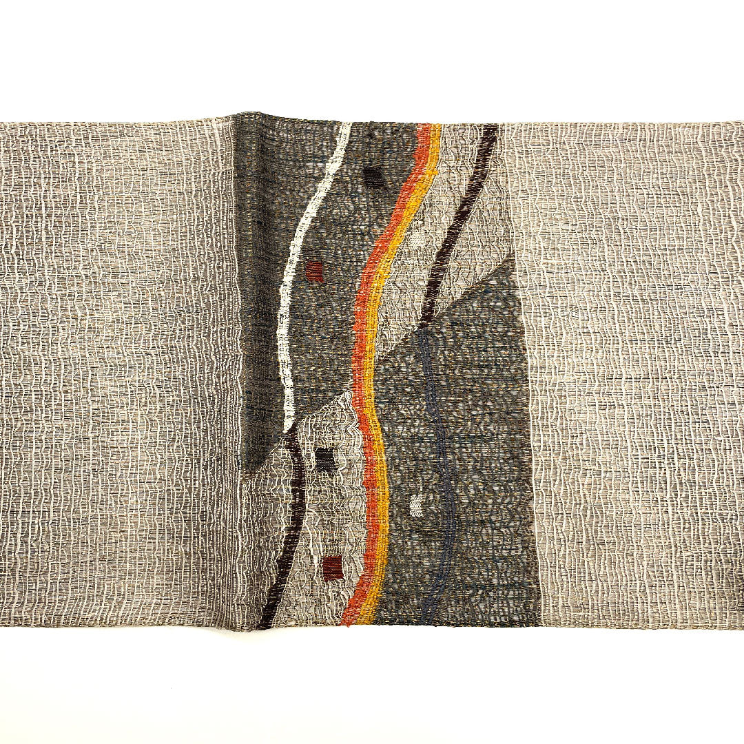 袋帯 すくい織り 幾何学模様 単衣 帯丈453cm 正絹 Sランク ポイント柄 カジュアル グレー系 1123001852422